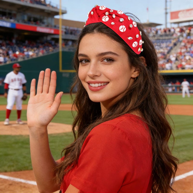 boderier Baseball Headband Hair Accessories Crystal Baseball Embellished Wide Knotted Headband for Women Game Day Accessories Gifts (Red) - Image 2