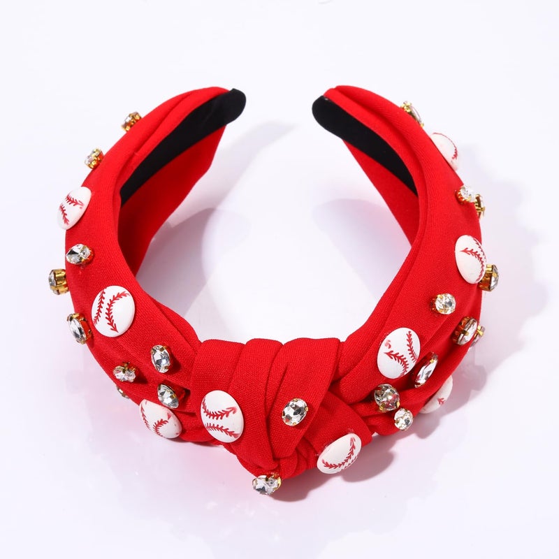 boderier Baseball Headband Hair Accessories Crystal Baseball Embellished Wide Knotted Headband for Women Game Day Accessories Gifts (Red) - Image 4