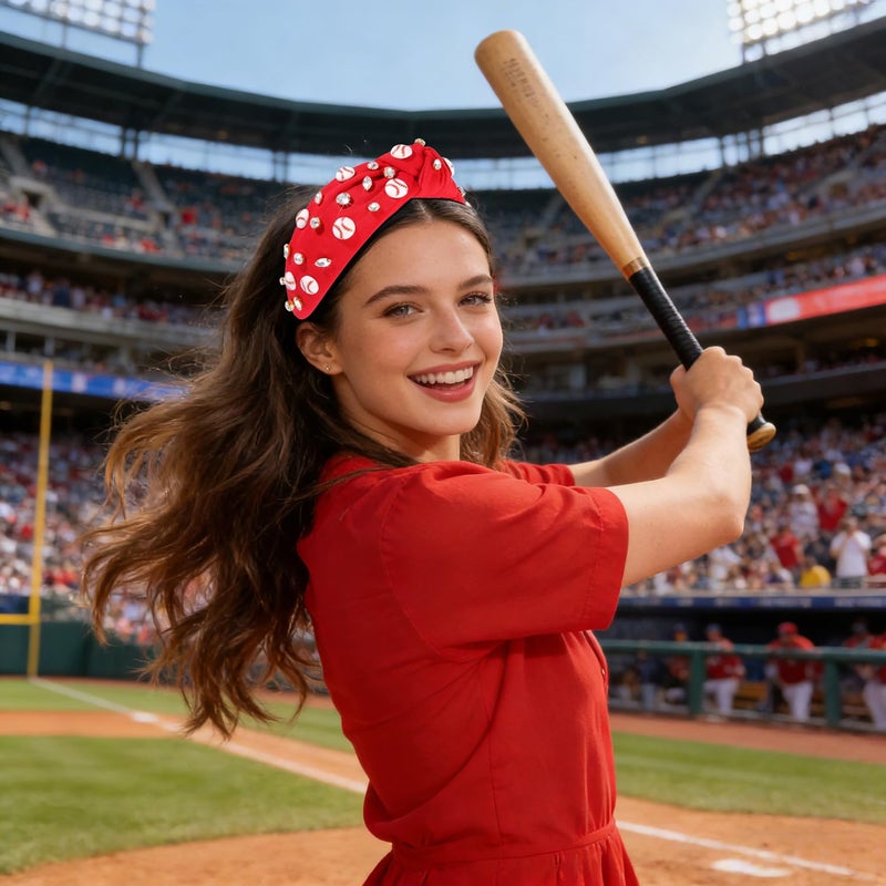 boderier Baseball Headband Hair Accessories Crystal Baseball Embellished Wide Knotted Headband for Women Game Day Accessories Gifts (Red) - Image 3