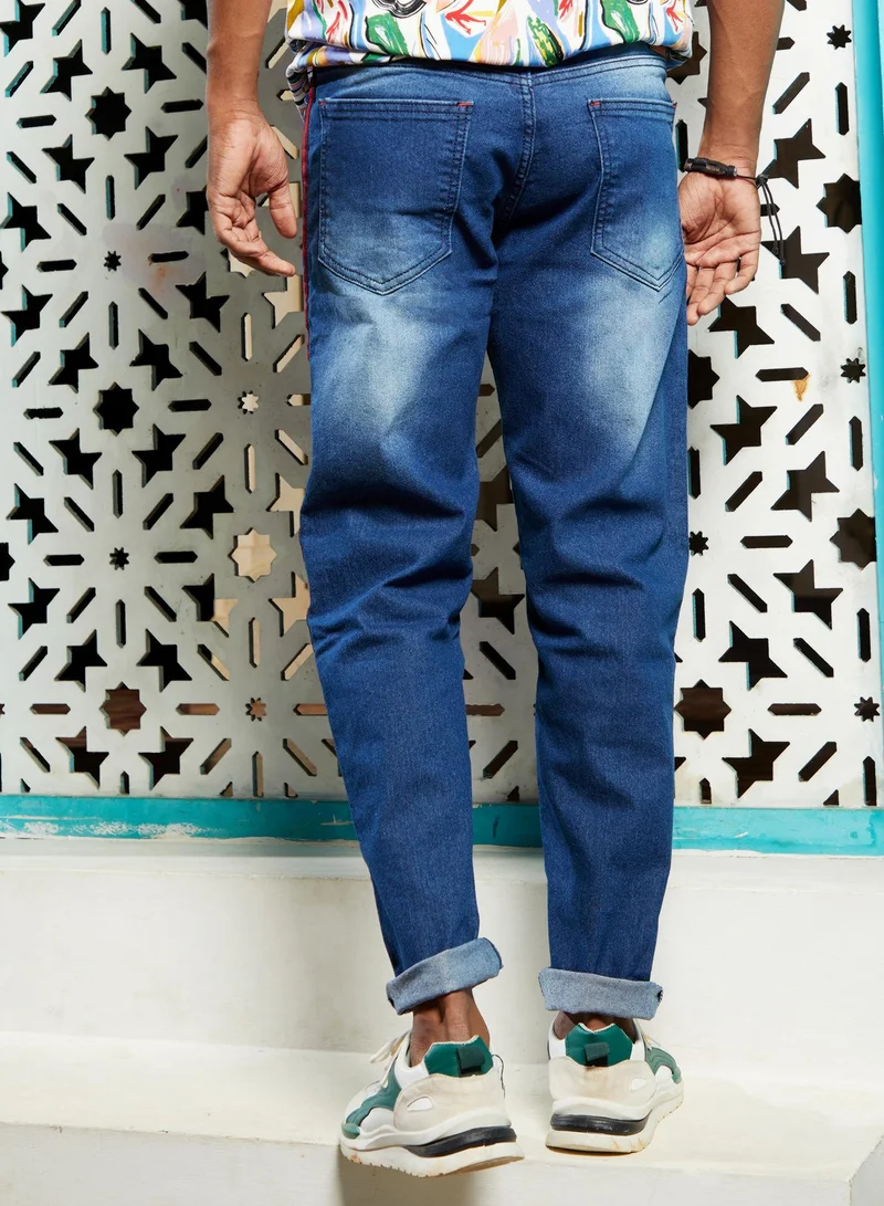 Campus Sutra Men's Navy Blue Contrast Side-Striped Denim Jeans