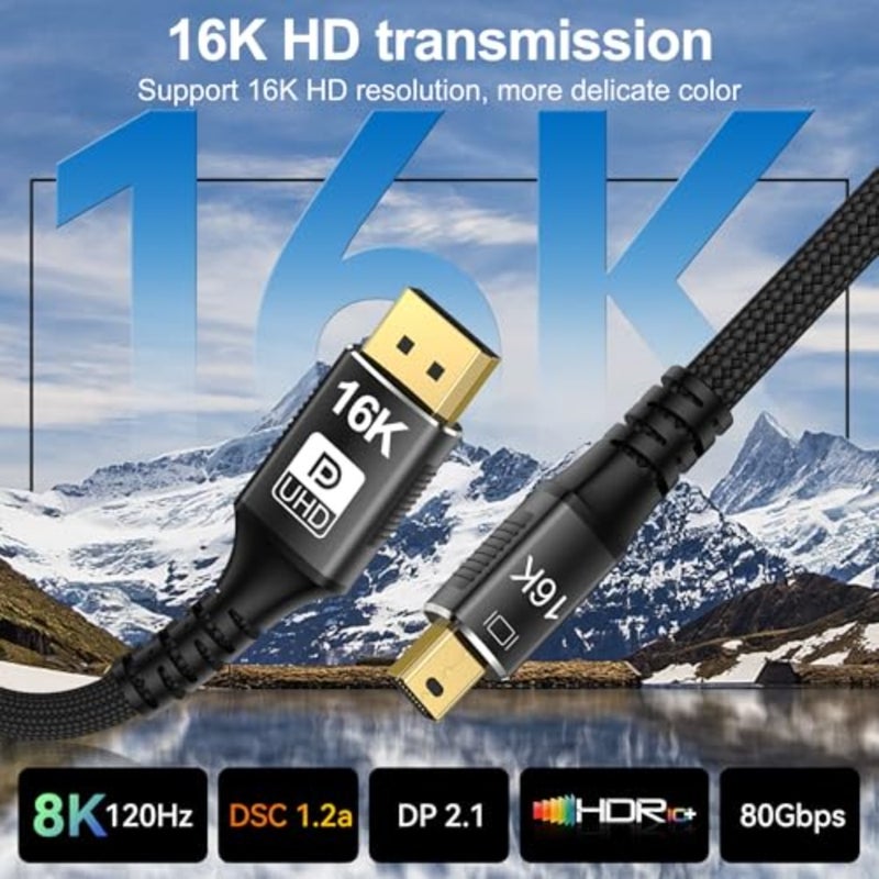 كابل Mini DP إلى DisplayPort 2.1 16K لشاشات سطح المكتب، سبيكة نحاسية بلمسة نهائية سوداء، يدعم النقل ثنائي الاتجاه 8K@120 هرتز و4K@240 هرتز - Image 5
