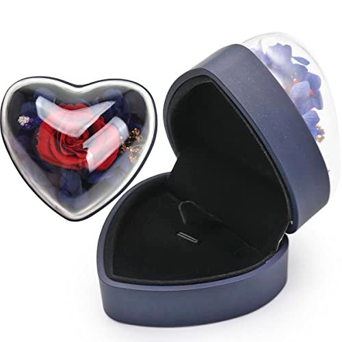 Hsiwto Preserved Flower Rose Pendant Box, Heart Shape Velvet Jewelry Box for Valentine's Day Mother's Day Wedding Anniversary Birthday Gift, Dark Blue - Image 1