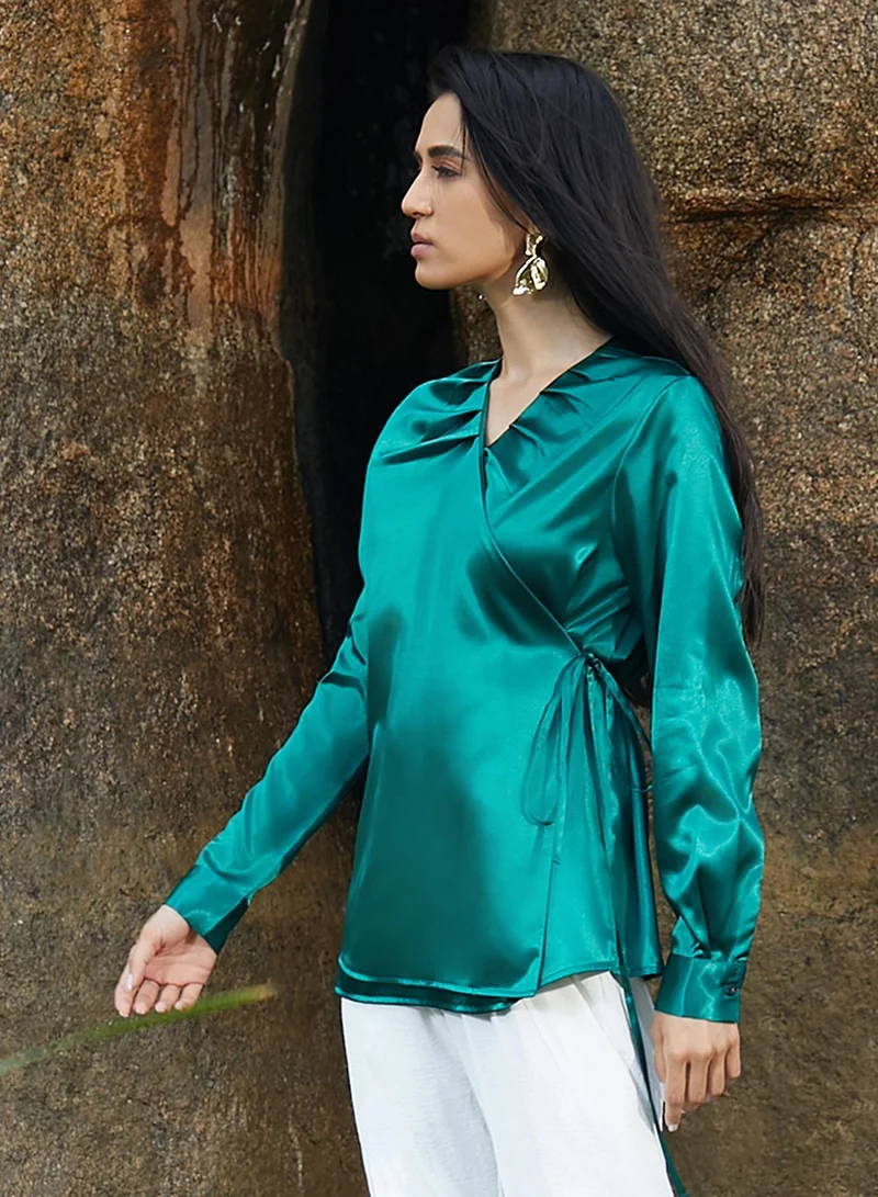 Pinacolada  Women's Emerald Green Satin Wrap Top for Women | Best Price UAE