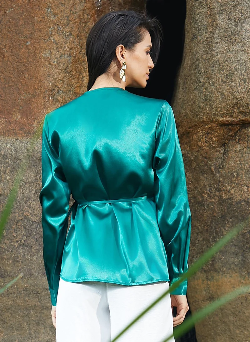 Pinacolada  Women's Emerald Green Satin Wrap Top for Women | Best Price UAE