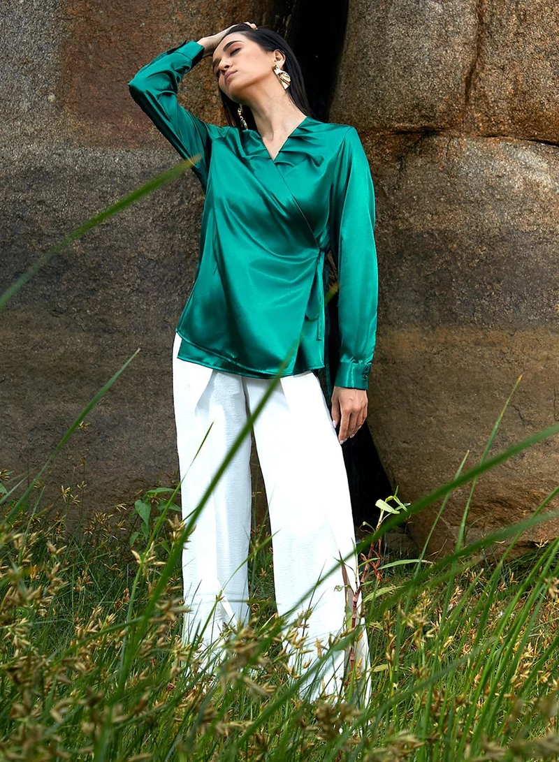 Pinacolada  Women's Emerald Green Satin Wrap Top for Women | Best Price UAE