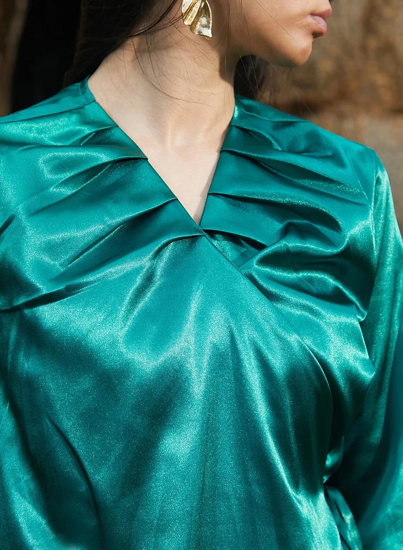Pinacolada  Women's Emerald Green Satin Wrap Top for Women | Best Price UAE