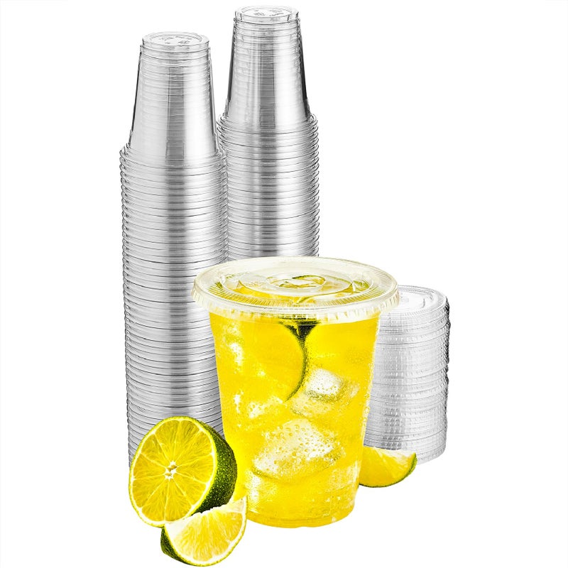 Green Direct 12 oz Disposable Cups With Lids  Clear Plastic Cups With Lids  Iced Coffee Cups For Bubble Boba Tea  Cup and Flat Lid For Cold Drinking  Smoothie 100 Sets