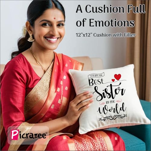 PICRAZEE Gift Combo for Sister – 12" Cushion with Filler, Ceramic Mug, Keyring, Fridge Magnet & Greeting Card | Birthday/Raksha Bandhan Gift Hamper - Image 2