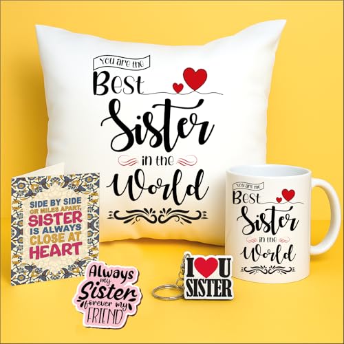 PICRAZEE Gift Combo for Sister – 12" Cushion with Filler, Ceramic Mug, Keyring, Fridge Magnet & Greeting Card | Birthday/Raksha Bandhan Gift Hamper - Image 1