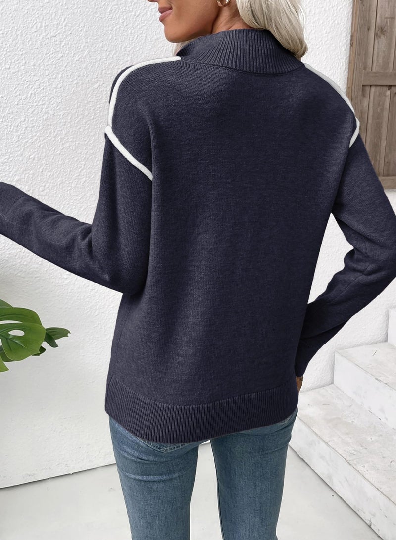 EVALESS Womens Fall Sweaters 2025 Fashion Trendy V Neck Long Sleeve Quarter Zip Collared Ribbed Knit Dressy Casual Lightweight Pullover Tops Outfits,Navy Blue Small - Image 3