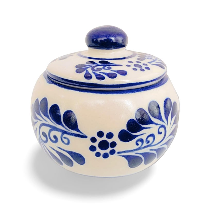 Casa Fiesta Designs Casa Fiesta Designs Talavera Ceramic Sugar Bowl  Hand Painted Authentic Mexican Pottery Also Great for Matcha Coffee Tea Spices and Salt Ceramica Mexicana Azucarera Classic White 