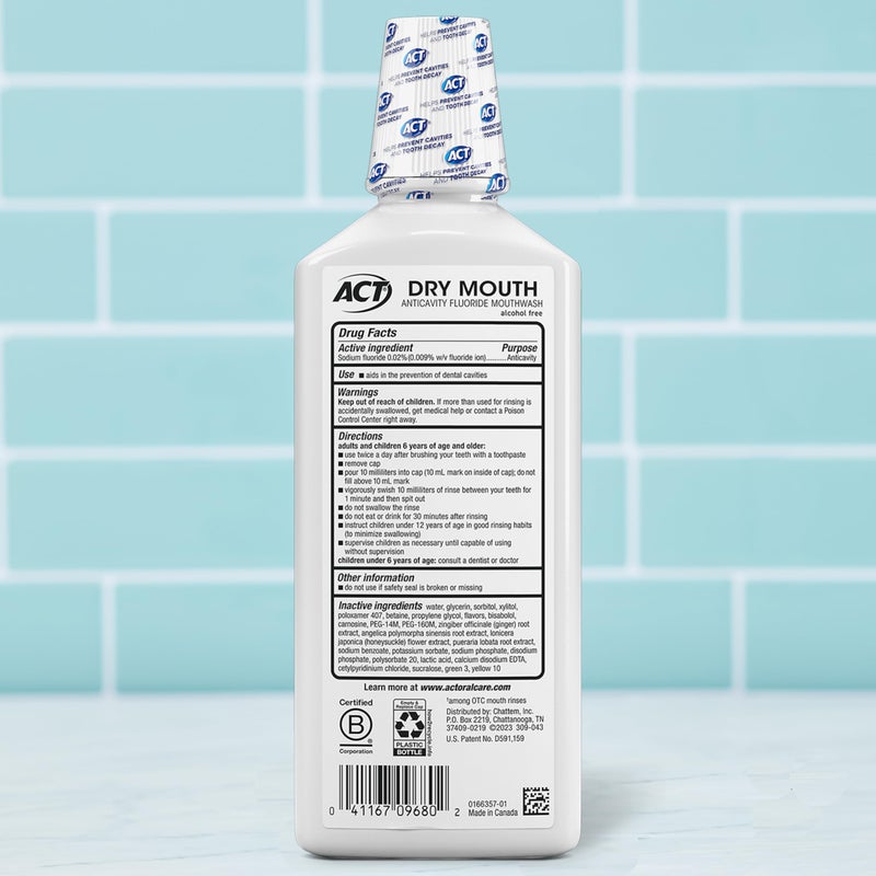 ACT Dry Mouth Anticavity Zero Alcohol Fluoride Mouthwash 18 fl. oz. Soothing Mint - Image 2