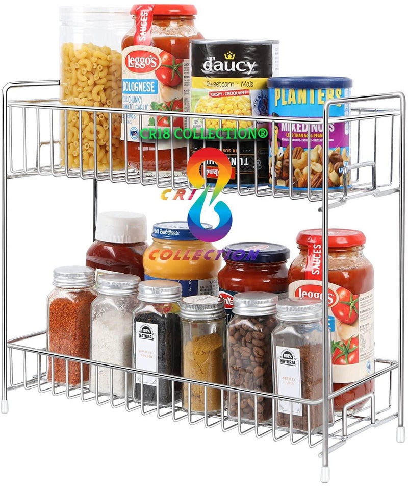 Cr18 Collection 2-Tier Spice Rack Organizer, Countertop Storage Kitchen Shelf Holder For Jars Bottle - Stainless Steel, Step Shelf - Image 1