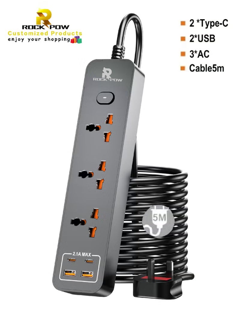 روك بو 5 أمتار التمديد العالمي الرصاص مع وظيفة متعددة المملكة المتحدة التوصيل 3 دبوس منفذ المقابس مع 3 عصابة 2 منفذ USB 2 نوع-C منفذ 5M المقابس الكهربائي الشريط الرئيسي للمطبخ المنزلي والمكتب 5 أمتار - Image 1