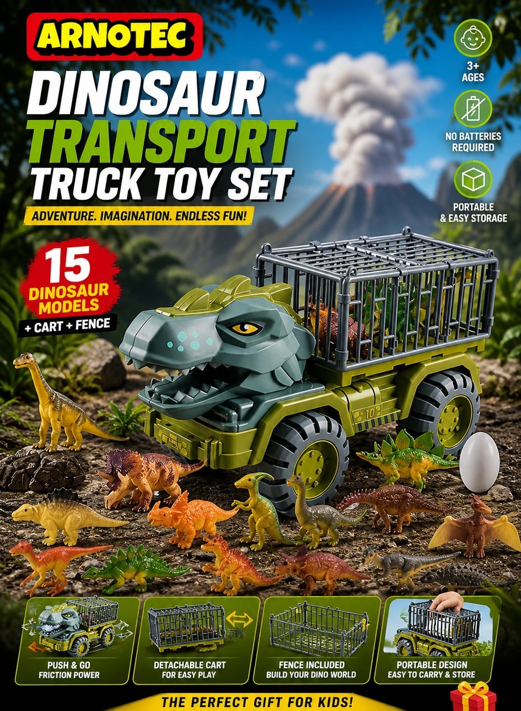 Dinosaur transport truck toy set | with 15 dinosaur models + cart + fence | dinosaur car toys for boys and girls over 3 years old | No batteries required, can be pushed, portable and stored, the best choice for holiday birthday gifts