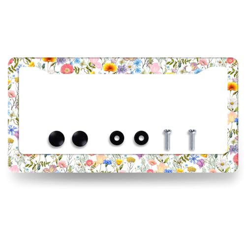 MUAWUOIK Colorful Flowers License Plate Frame Folk Floral License Plate Decoration Stainless Steel Personalise Flower License Plate Holder Women Cars Accessory with Screws 12x6 Inch - Image 1