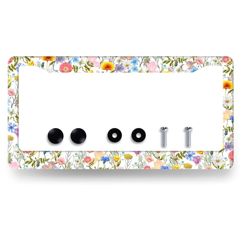 MUAWUOIK Colorful Flowers License Plate Frame Folk Floral License Plate Decoration Stainless Steel Personalise Flower License Plate Holder Women Cars Accessory with Screws 12x6 Inch - Image 3