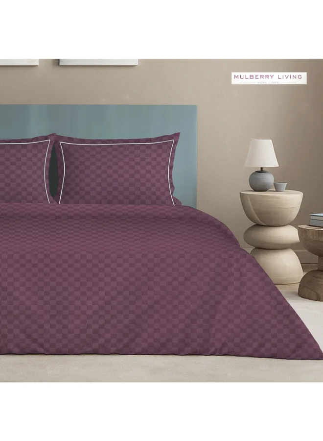 MULBERRY LIVING 100% Cotton King Duvet Cover - 300 TC Urban Grid (Checks). Width 260 x Length 240cms - Plum