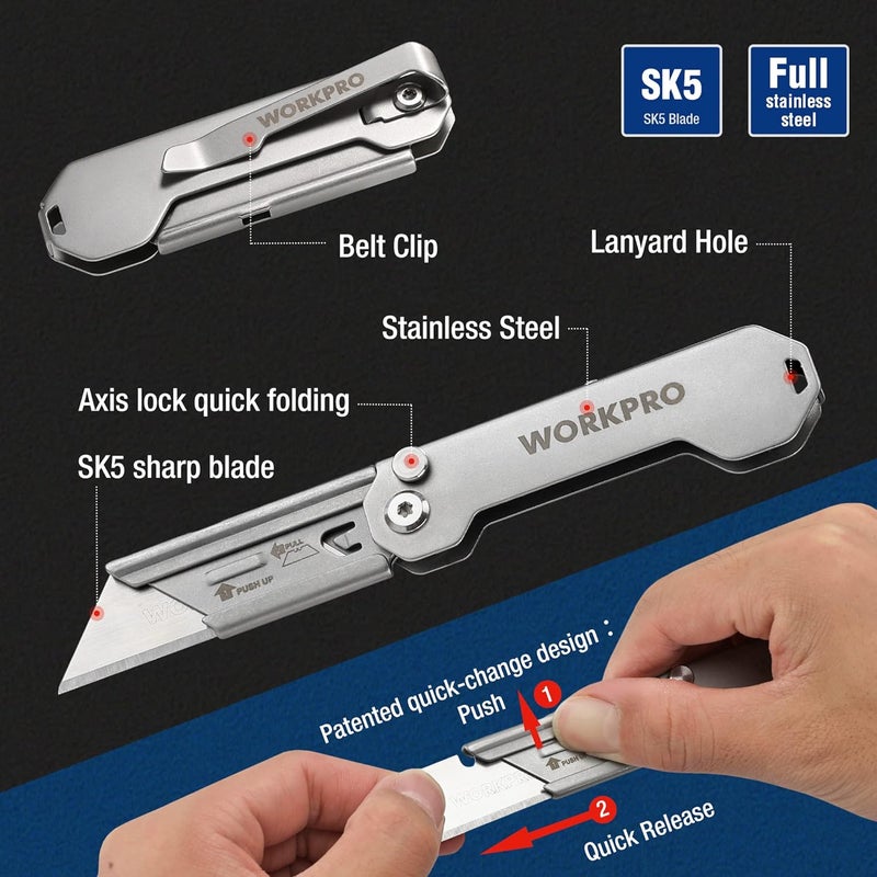 WORKPRO 3-Pack Folding Utility Knife, Quick Change Blades Box Cutter, EDC Foldable Pocket Utility Knife Sets with Belt Clip - Image 4