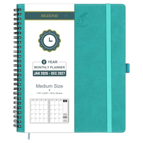 BEZEND Monthly Planner 2026-2027 (Spiral-7" x 9") 2 Year Calendar Book with Note Pages - Jan 26 to Dec 27-120 GSM Paper, Inner Pockets, Laminated Tabs, Vegan Leather Softcover - Turquoise - Image 1