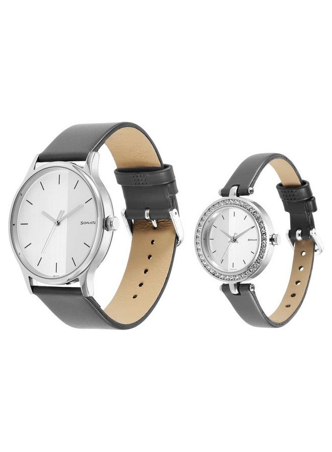 Sonata Quartz Analog Silver Dial Leather Strap Watch for Couple-NS7710587041SL01P - Image 2