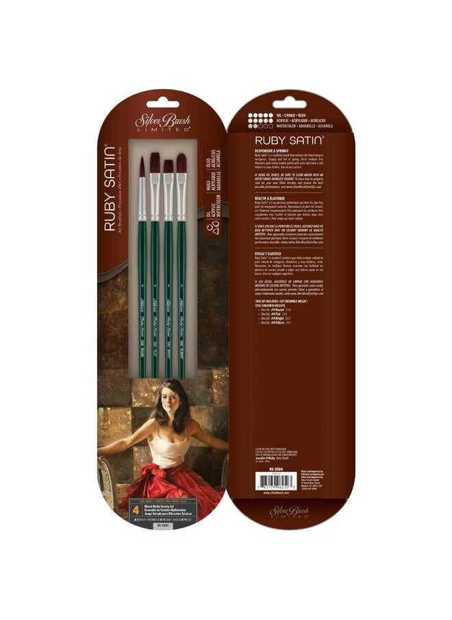 Silver Brush Limited RS-2504 Ruby Satin Mixed-Media Variety Set, Paintbrushes for Oil, Acrylic, and Heavy Body Paints, Set of 4, Size 4 Round, Flat, Bright, & Filbert Brushes, Long Handle  - Image 1