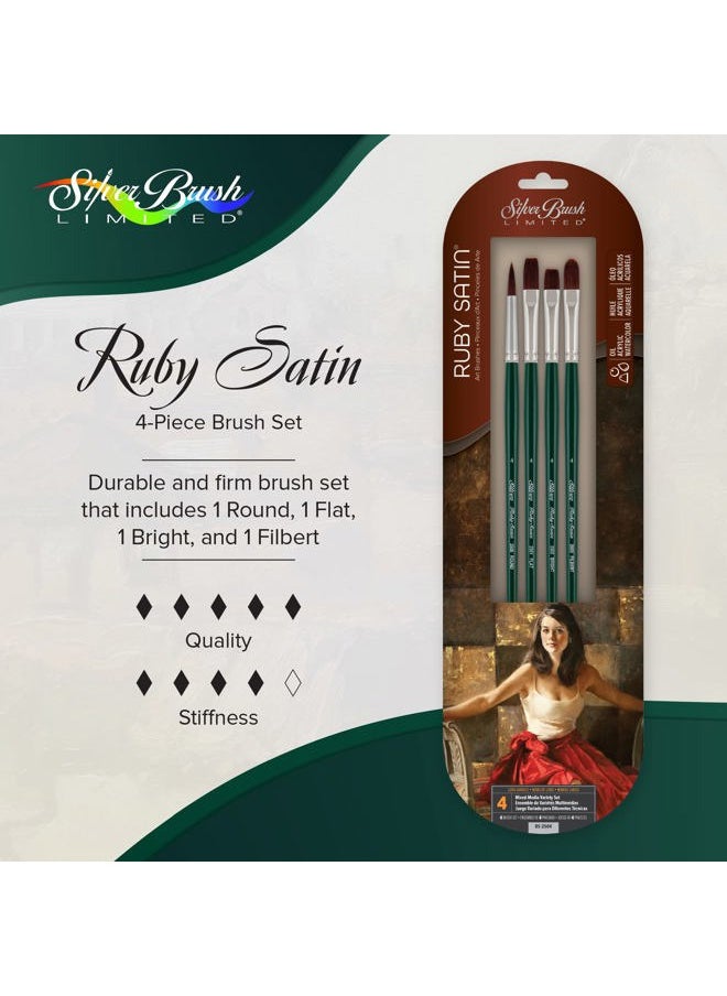Silver Brush Limited RS-2504 Ruby Satin Mixed-Media Variety Set, Paintbrushes for Oil, Acrylic, and Heavy Body Paints, Set of 4, Size 4 Round, Flat, Bright, & Filbert Brushes, Long Handle  - Image 2
