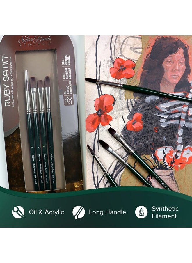 Silver Brush Limited RS-2504 Ruby Satin Mixed-Media Variety Set, Paintbrushes for Oil, Acrylic, and Heavy Body Paints, Set of 4, Size 4 Round, Flat, Bright, & Filbert Brushes, Long Handle  - Image 3
