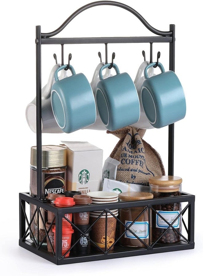 OGFC 38508 Coffee Mug Holder, Countertop Coffee Pod Spice Rack, Mug Tree Coffee Cup Holder with Fruit Basket, Home Storage Mug Hooks, Black - Image 1