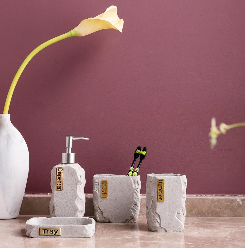 Hymmah Bathroom Accessories Set,Marble Design Toothbrush Holder,Farmhouse Bathroom Decor,4 Pcs Resin Gift Set Apartment Necessities, Contain Toothbrush Cup,Soap Dispenser,Soap Dish,Tumbler - Image 4