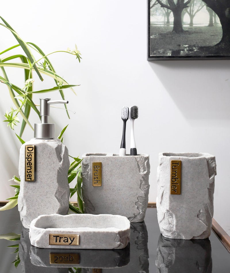 Hymmah Bathroom Accessories Set,Marble Design Toothbrush Holder,Farmhouse Bathroom Decor,4 Pcs Resin Gift Set Apartment Necessities, Contain Toothbrush Cup,Soap Dispenser,Soap Dish,Tumbler - Image 5