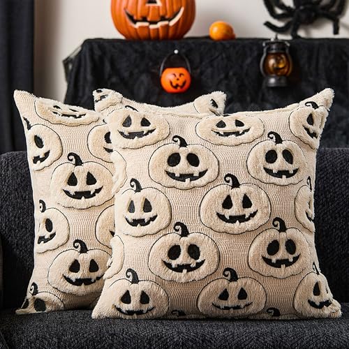 DFXSZ Halloween Pillow Covers 18x18 inch Set of 2 Black Beige Halloween Pumpkins Throw Pillow Cases Soft Plush Faux Fur Wool Couch Cushion Case for Chair Sofa Living Room Home Decor PTK057B18 - Image 1