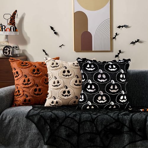 DFXSZ Halloween Pillow Covers 18x18 inch Set of 2 Black Beige Halloween Pumpkins Throw Pillow Cases Soft Plush Faux Fur Wool Couch Cushion Case for Chair Sofa Living Room Home Decor PTK057B18 - Image 3