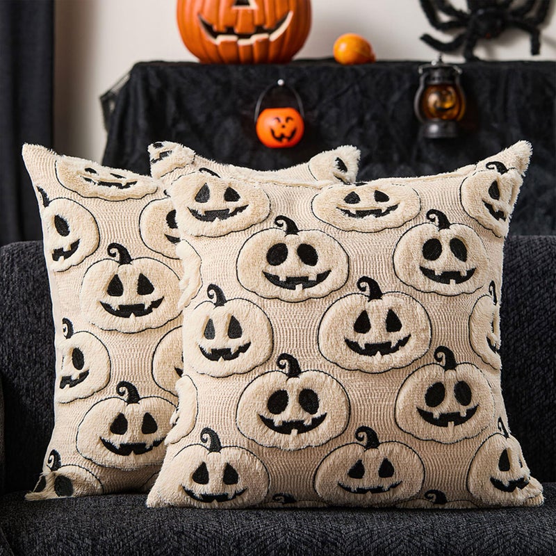 DFXSZ Halloween Pillow Covers 18x18 inch Set of 2 Black Beige Halloween Pumpkins Throw Pillow Cases Soft Plush Faux Fur Wool Couch Cushion Case for Chair Sofa Living Room Home Decor PTK057B18 - Image 2