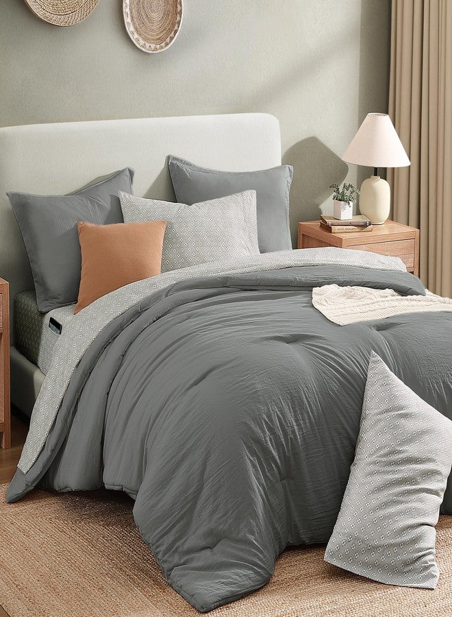 Monbix Queen Comforter Set - 7 Pieces Granite Grey Prewashed Bed in a Bag Queen Bedding Sets with Comforters, All Seasons Down Alternative Comforter Bed Set with Sheets,Pillowcases & Shams - Image 3