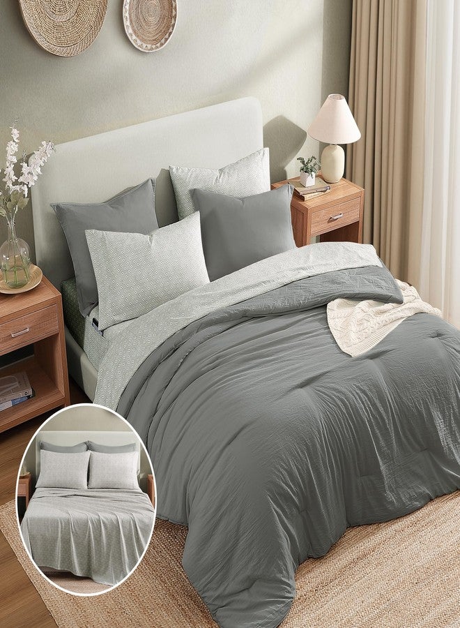 Monbix Queen Comforter Set - 7 Pieces Granite Grey Prewashed Bed in a Bag Queen Bedding Sets with Comforters, All Seasons Down Alternative Comforter Bed Set with Sheets,Pillowcases & Shams - Image 4