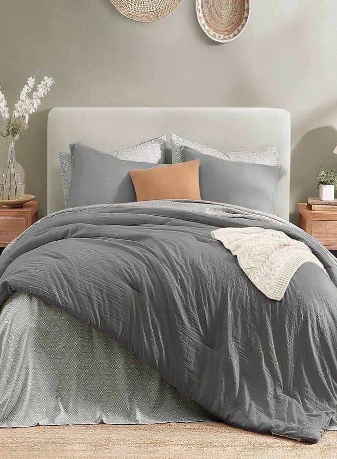 Monbix Queen Comforter Set - 7 Pieces Granite Grey Prewashed Bed in a Bag Queen Bedding Sets with Comforters, All Seasons Down Alternative Comforter Bed Set with Sheets,Pillowcases & Shams - Image 2