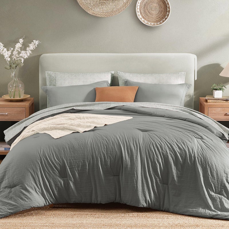 Monbix Queen Comforter Set - 7 Pieces Granite Grey Prewashed Bed in a Bag Queen Bedding Sets with Comforters, All Seasons Down Alternative Comforter Bed Set with Sheets,Pillowcases & Shams - Image 1