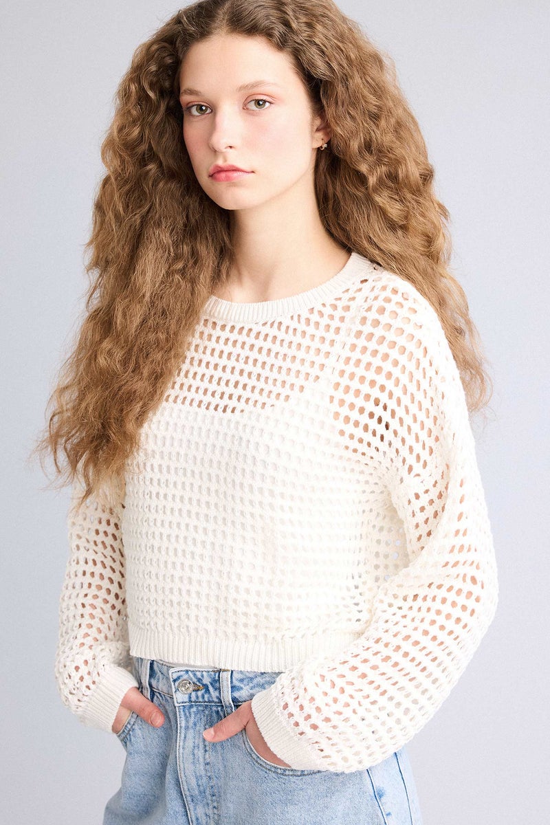 DeFacto Beige Woman Crop Crew Neck Knitwear Pullover Casual - Image 1