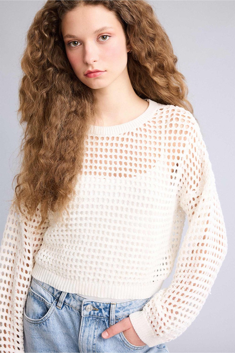 DeFacto Beige Woman Crop Crew Neck Knitwear Pullover Casual - Image 3