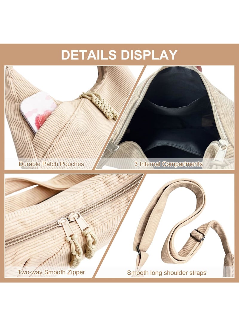 Barakah Crossbody Bag for Half Moon, Large Capacity Shoulder Bag with Adjustable Strap, Hobo Corduroy Bag for Women, Work, Travel, Solid Color Crescent Design, Beige - Image 3