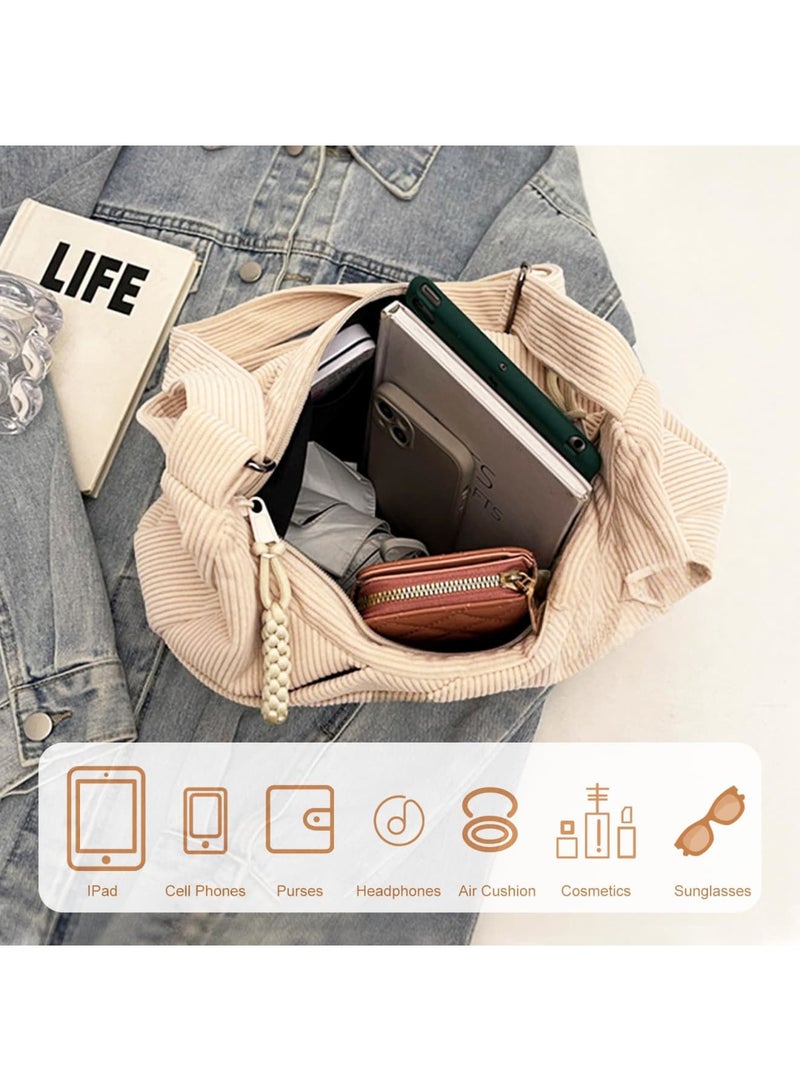 Barakah Crossbody Bag for Half Moon, Large Capacity Shoulder Bag with Adjustable Strap, Hobo Corduroy Bag for Women, Work, Travel, Solid Color Crescent Design, Beige - Image 4