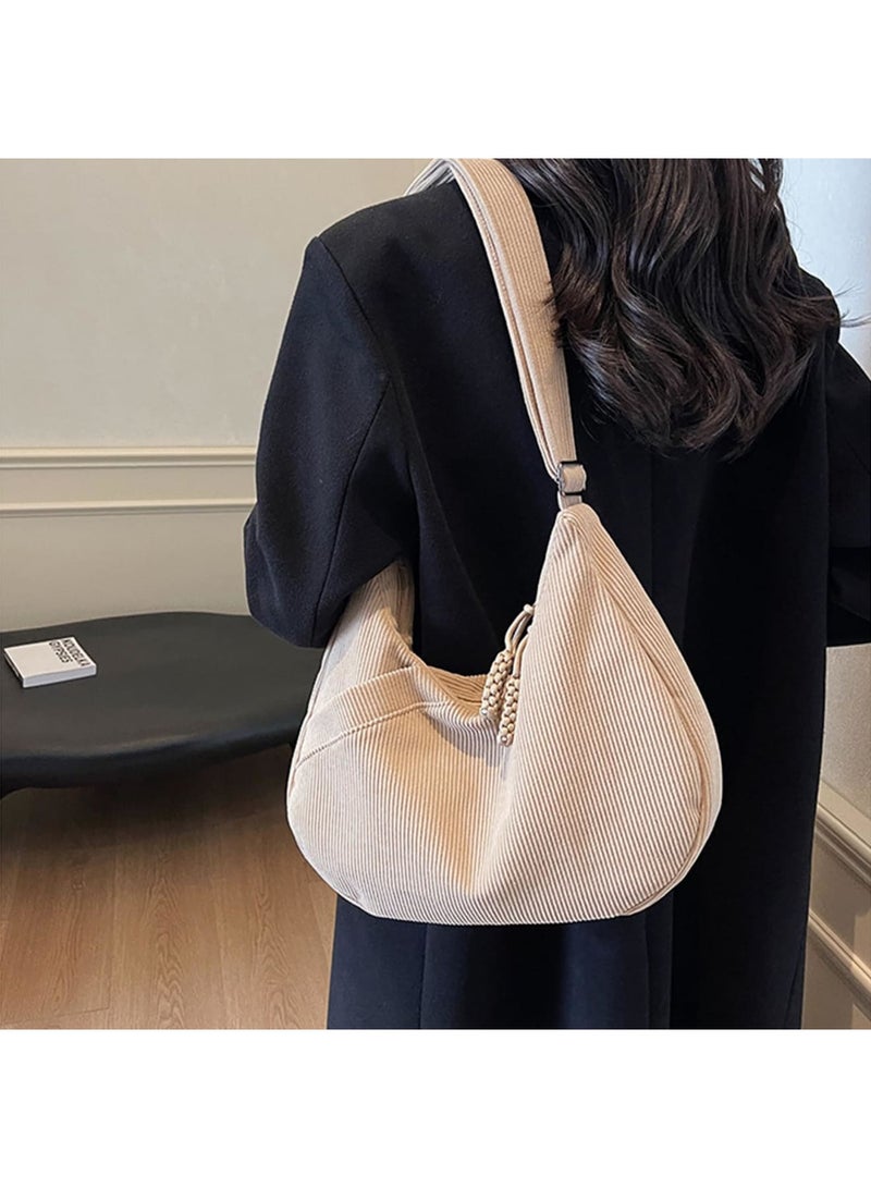 Barakah Crossbody Bag for Half Moon, Large Capacity Shoulder Bag with Adjustable Strap, Hobo Corduroy Bag for Women, Work, Travel, Solid Color Crescent Design, Beige - Image 2