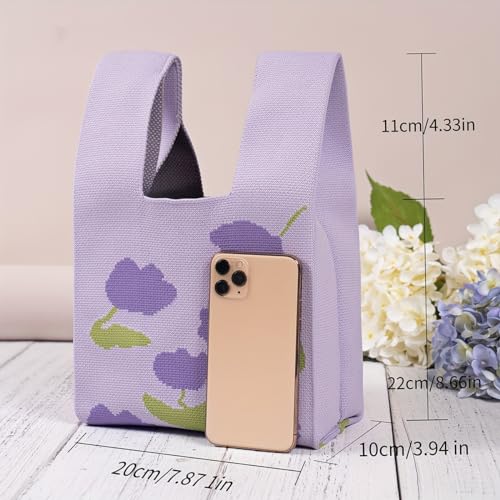 Kawn® Crochet Wrist Handbag for Women Wristlet Handbag Sleeve Knot Pouch Portable knitted breathable lightweight foldable Casual Small Purse Cute Tote Bag For Shopping, Dating, Travel (Purple Flowers) - Image 3