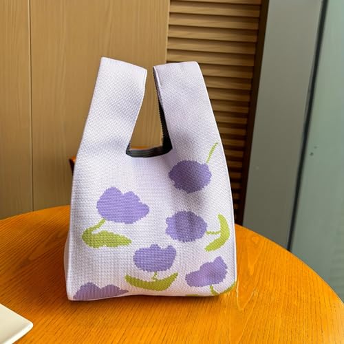 Kawn® Crochet Wrist Handbag for Women Wristlet Handbag Sleeve Knot Pouch Portable knitted breathable lightweight foldable Casual Small Purse Cute Tote Bag For Shopping, Dating, Travel (Purple Flowers) - Image 5