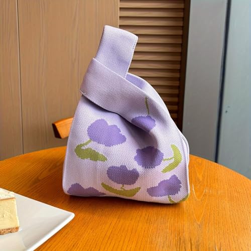 Kawn® Crochet Wrist Handbag for Women Wristlet Handbag Sleeve Knot Pouch Portable knitted breathable lightweight foldable Casual Small Purse Cute Tote Bag For Shopping, Dating, Travel (Purple Flowers) - Image 2