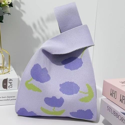 Kawn® Crochet Wrist Handbag for Women Wristlet Handbag Sleeve Knot Pouch Portable knitted breathable lightweight foldable Casual Small Purse Cute Tote Bag For Shopping, Dating, Travel (Purple Flowers) - Image 4