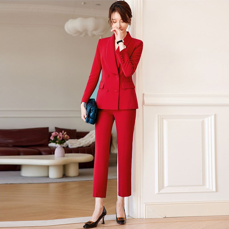 Spring and Autumn New elegant red suit suit wedding annual meeting goddess fan double-breasted formal wear business wear overalls - Image 3