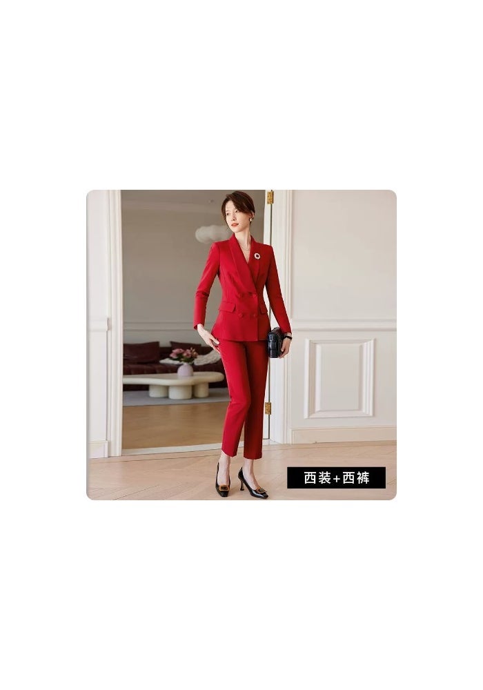 Spring and Autumn New elegant red suit suit wedding annual meeting goddess fan double-breasted formal wear business wear overalls - Image 1