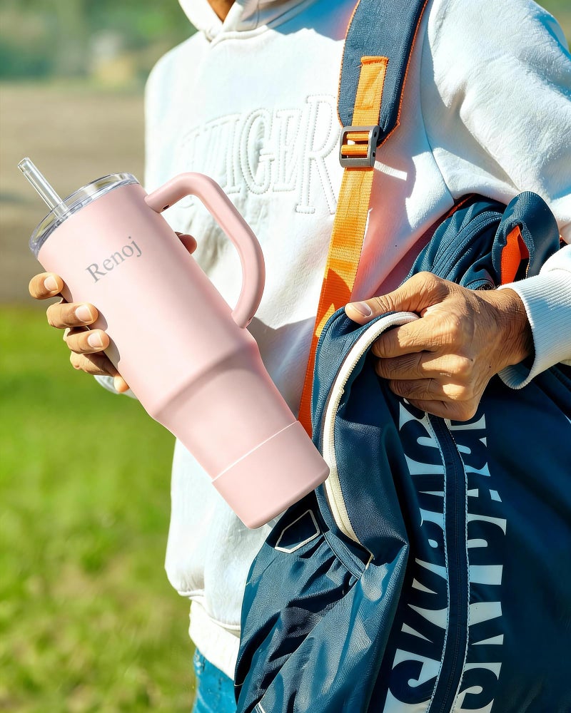 Renoj Insulated Mug 100% Spill Resistant Insulated Water Bottle for Iced Coffee & Hot Drinks - Fits Car Cup Holder, Ideal Gift, 2 Straws & Silicone Boot - FlexSlide Light Pink 32 oz - Image 3